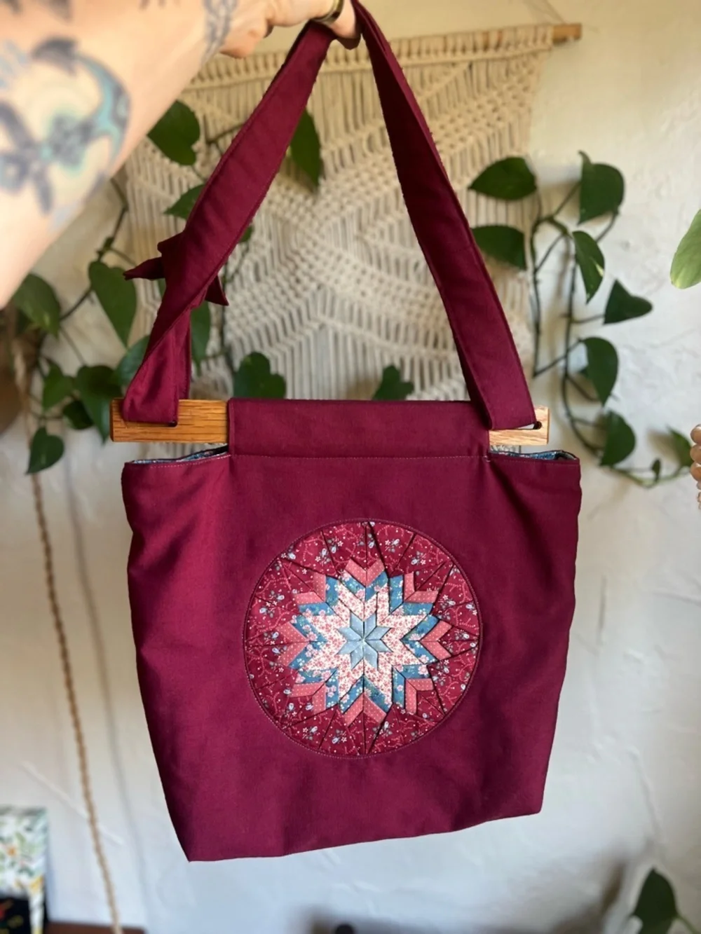 Vintage Handmade Quilted Tote Bag Cottagecore Boho Patchwork Wood Handle